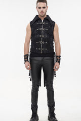 Black Punk Irregular Print D-Shaped Buckle Decoration Waist Side Slits Tied Rope Tight Zipper Men's Dovetail Vest - Product - 4
