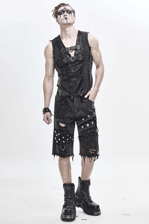 Black Decadence Punk Rock Nailed Ragged Shorts Mens Pants - Product - 5
