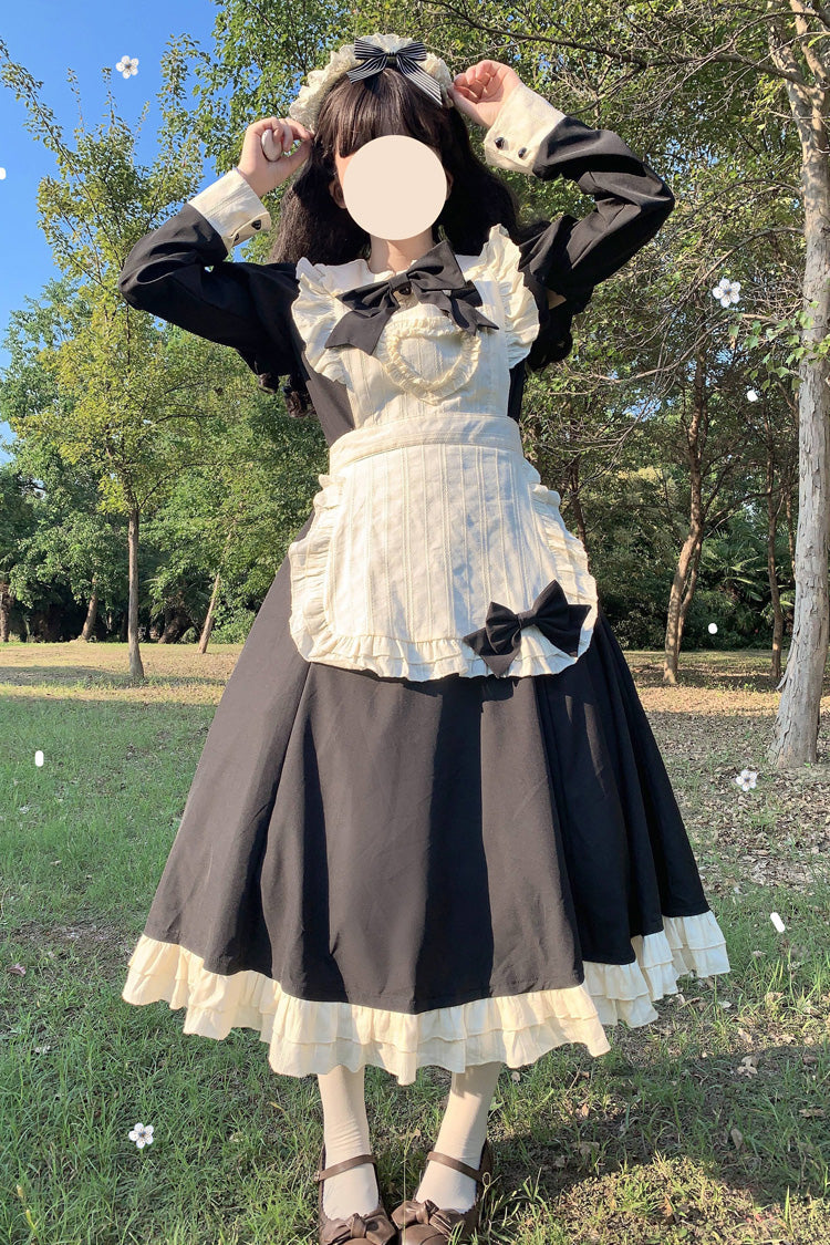 Black/White Maid Long Sleeves Ruffle Bowknot Stitching Sweet Long Lolita Dress - Product - 2