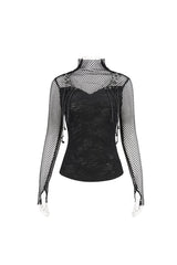Black Turtleneck Adjustable Faux Suspenders Textured Knit Mesh Women's Punk T-Shirt - Product - 6