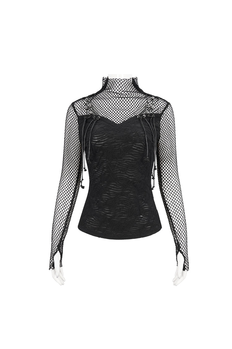 Black Turtleneck Adjustable Faux Suspenders Textured Knit Mesh Women's Punk T-Shirt - Product - 6
