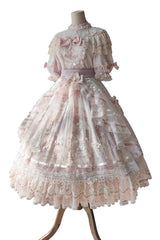 White/Pink [Realm of Sunset] Short Sleeves Printed Ruffled Hanayome Bow Lace Gorgeous Sweet Lolita Dress Set - Product - 9