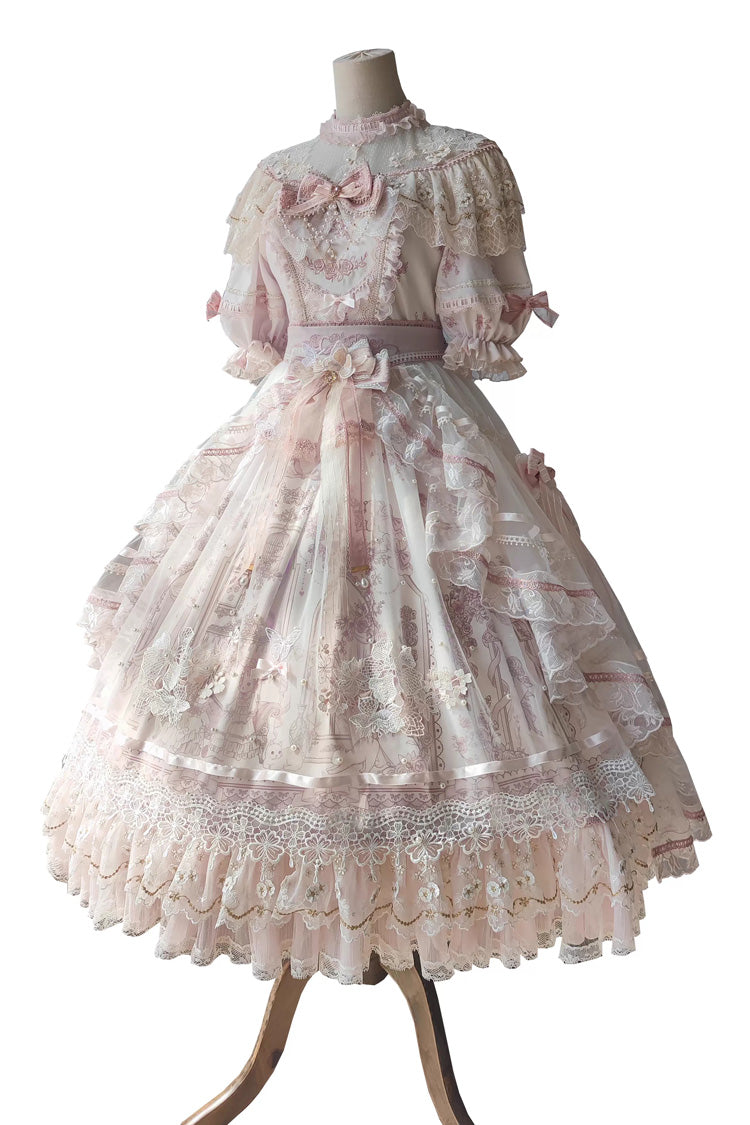 White/Pink [Realm of Sunset] Short Sleeves Printed Ruffled Hanayome Bow Lace Gorgeous Sweet Lolita Dress Set - Product - 9
