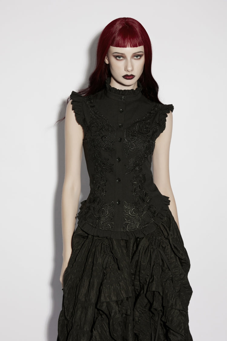 Black Stand Collar Sleeveless Ruffled Embroidered Lace-Up Slim Fit Women's Gothic Elegant Royal Blouse - Black - 1