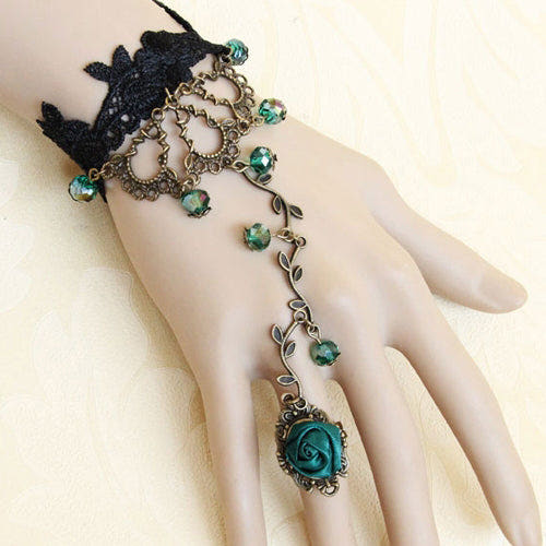 Black Lace Green Bead Gothic Lolita Bracelet Ring Jewelry - Product - 1