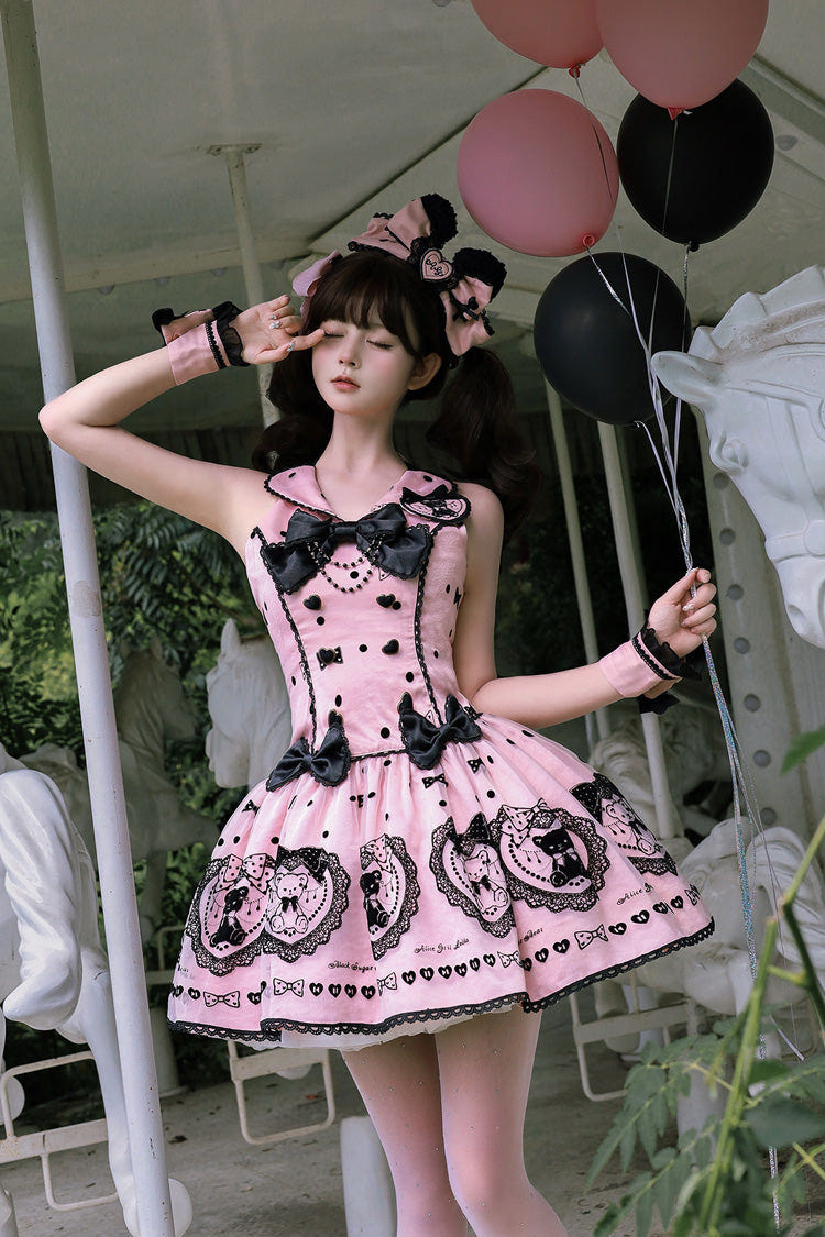 Pink [Sugar Bear] Halterneck Sleeveless Embroidered Bow Sweet Lolita Dress - Product - 6
