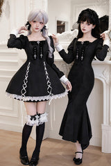 Black/White [Rose Doll] Square Collar Long Sleeves Bowknot Lace-Up Gothic Lolita Dress Set 2 Versions - Product - 6