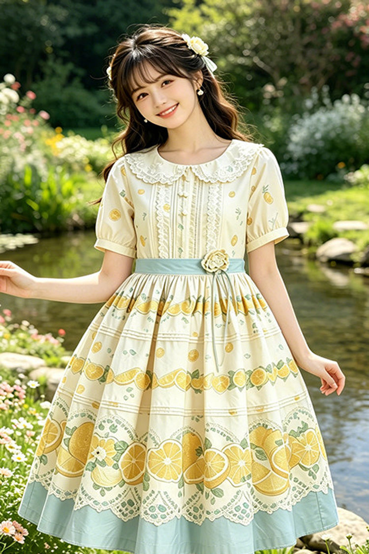 Yellow Doll Collar Short Sleeves Lemon Printed Plus Size Sweet Lolita Dress - Product - 4