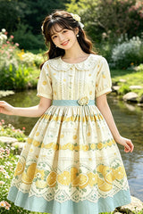 Yellow Doll Collar Short Sleeves Lemon Printed Plus Size Sweet Lolita Dress - Product - 4