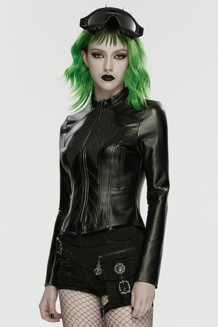 Black Stand Collar Long Sleeves Embossed Slim Women's Punk Jacket - Product - 2