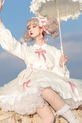 [Love Song] Long Sleeves Multi-Layered Jacquard Ruffle Bowknot Sweet Gothic Lolita Dress 3 Colors - Product - 7