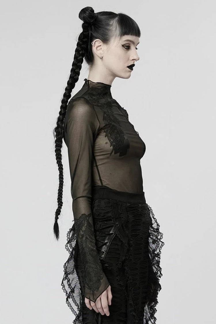Black Mid High Collar Long Sleeves Slim Mesh Womens Gothic Blouse - Product - 2