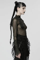 Black Mid High Collar Long Sleeves Slim Mesh Womens Gothic Blouse - Product - 2