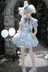 Blue [Dedicated to Alice] Square Collar Short Sleeves Jacquard Printed Ruffled Bow Sweet Lolita Dress Set - Product - 5