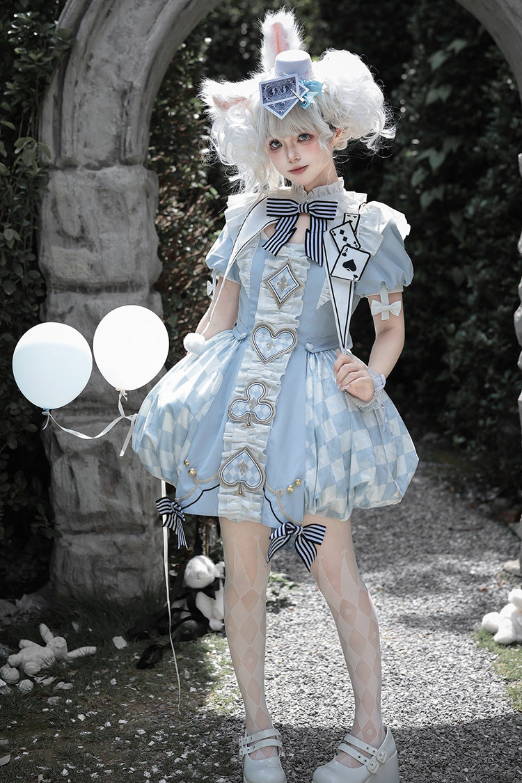 Blue [Dedicated to Alice] Square Collar Short Sleeves Jacquard Printed Ruffled Bow Sweet Lolita Dress Set - Product - 5