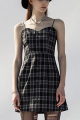 Black/White Plaid Skull Studded Belt Women's Punk Suspender Dress - Black/White - 1