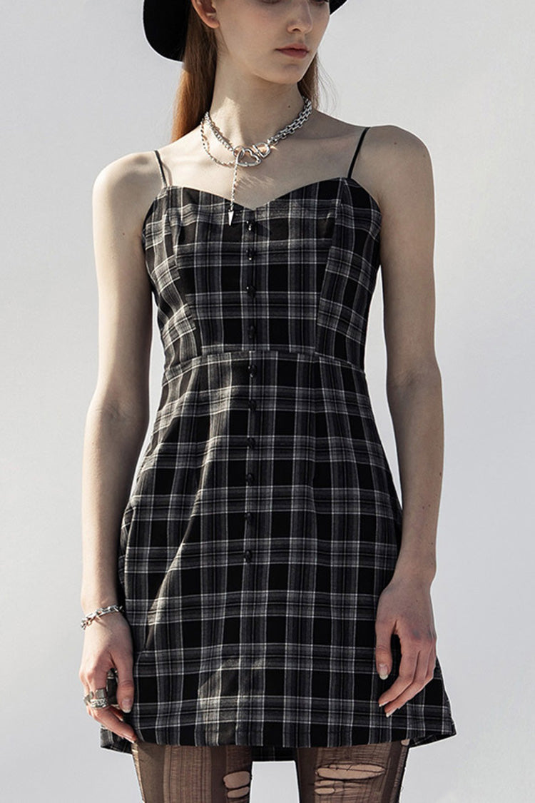 Black/White Plaid Skull Studded Belt Women's Punk Suspender Dress - Black/White - 1