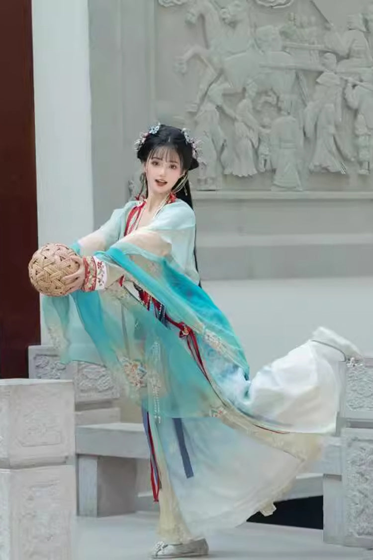 Multi-Color High Waisted Jacquard Print Slim Women's Sweet Hanfu Dress Full Set - Product - 3