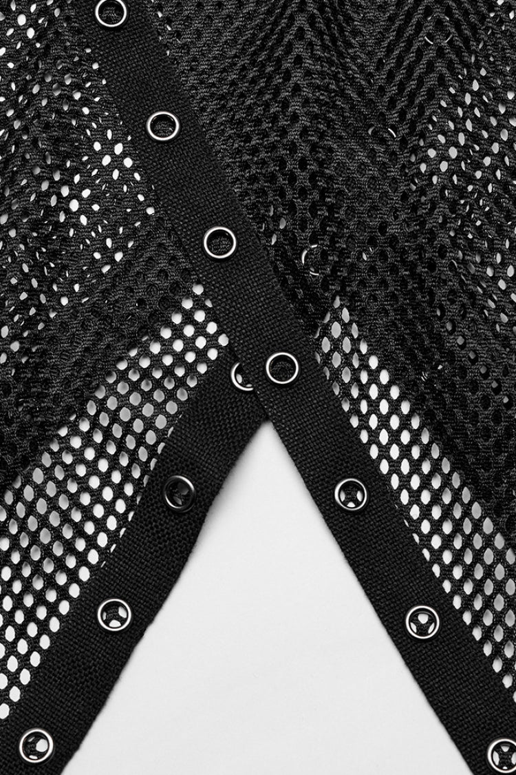 Black Sleeveless Irregular Hooded Mesh Eyelet Men's Punk Vest - Product - 8