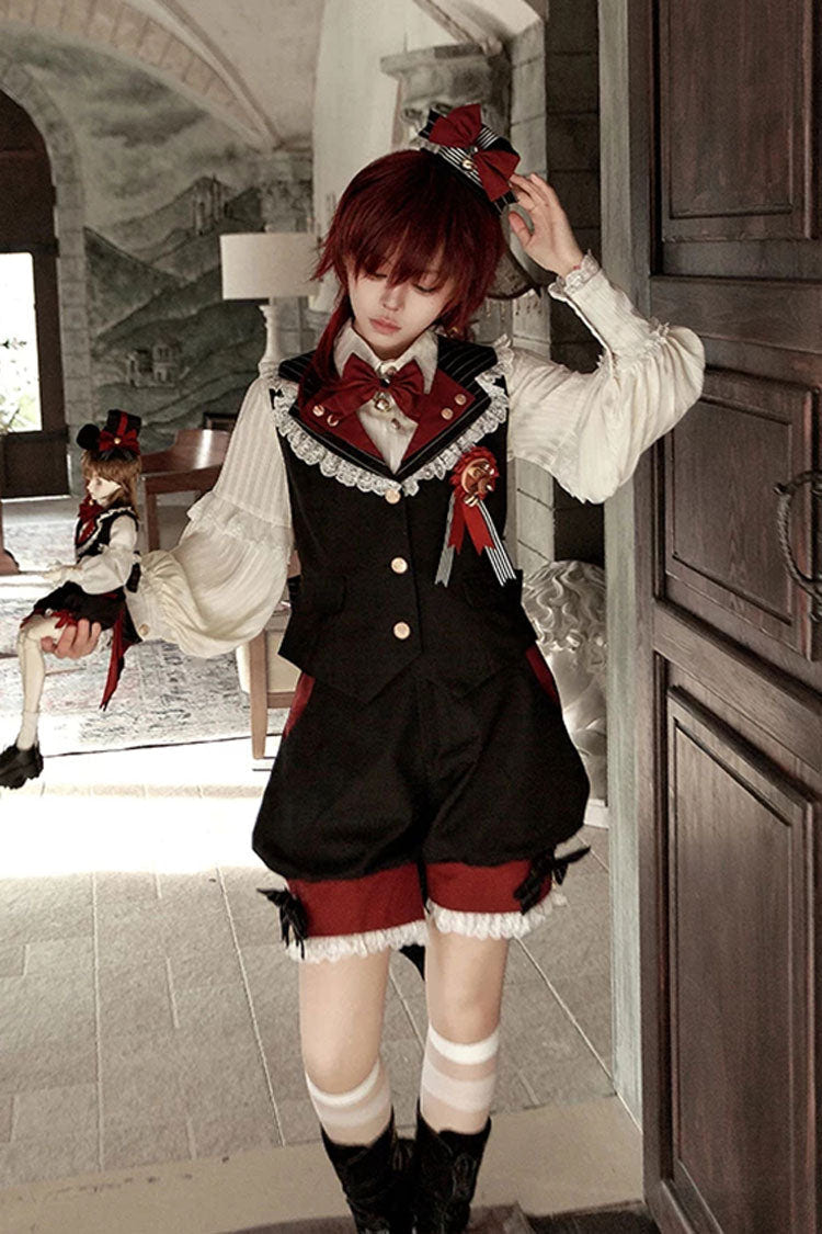 Red/Black [Candy Shop] V Collar Sleeveless Bow Lace Sweet Ouji Lolita Shorts Vest Set - Red/Black(Set) - 1