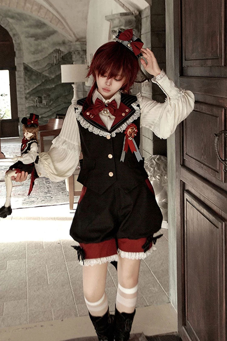 Red/Black [Candy Shop] V Collar Sleeveless Bow Lace Sweet Ouji Lolita Shorts Vest Set - Red/Black(Set) - 1