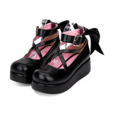 Round-toe Shallow Mouth Bowknot Cute Lolita Middle Heels Shoes - Black - 1