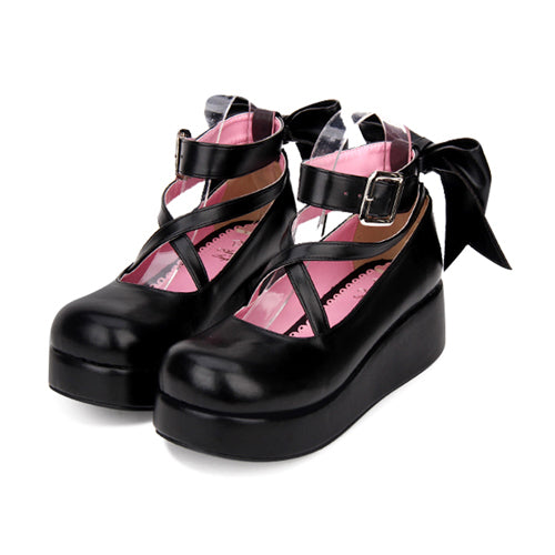 Round-toe Shallow Mouth Bowknot Cute Lolita Middle Heels Shoes - Black - 1