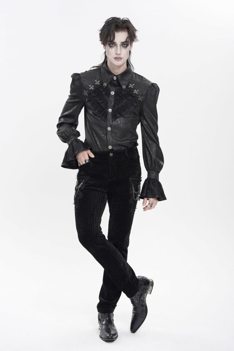 Black Cross Spider Turn-down Collar Long Trumpet Sleeves Printed Lace Men's Gothic Shirt - Product - 7