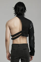 Black Stand Collar Asymmetric Rivet Buckle Men's Punk Faux Leather Harness - Product - 5