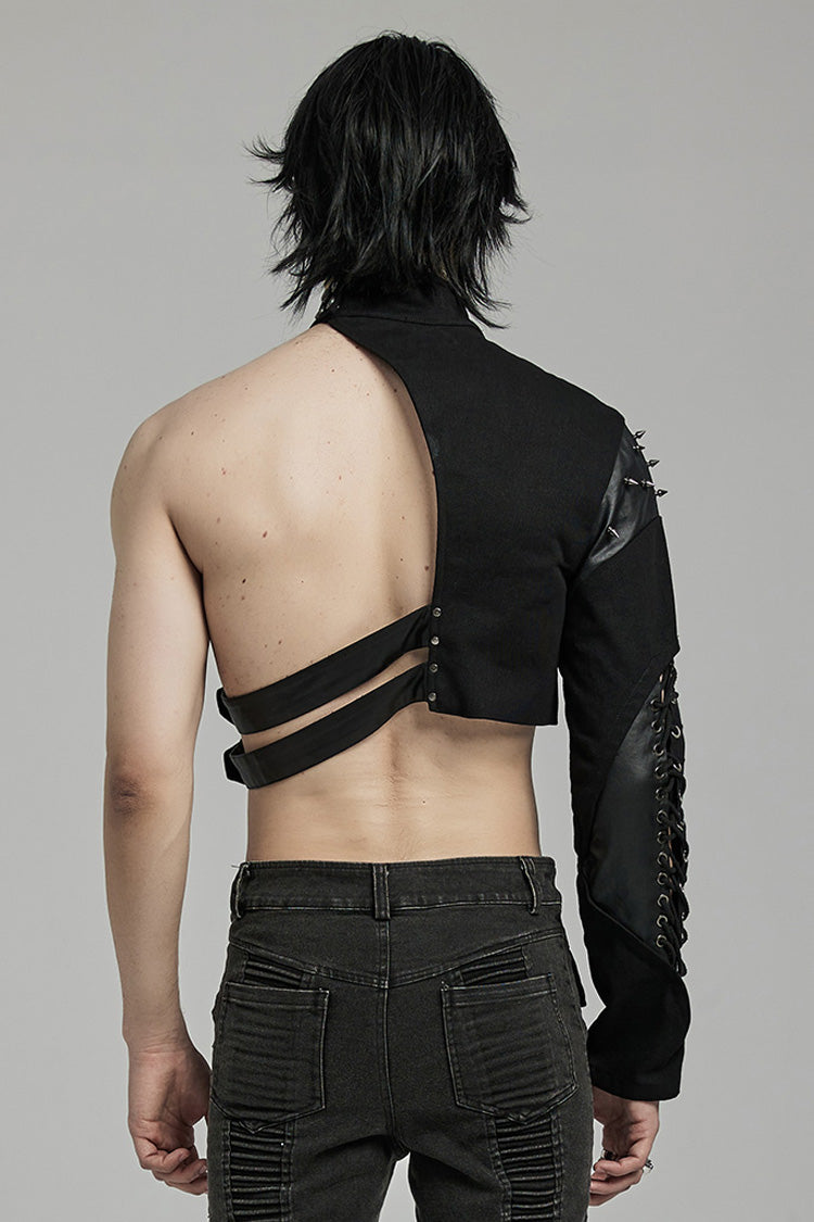 Black Stand Collar Asymmetric Rivet Buckle Men's Punk Faux Leather Harness - Product - 5