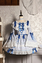 Blue/White [Rabbit Sleeping Doll] Long Trumpet Sleeves Ruffle Bowknot Lace Sweet Lolita Dress - Blue/White - 1