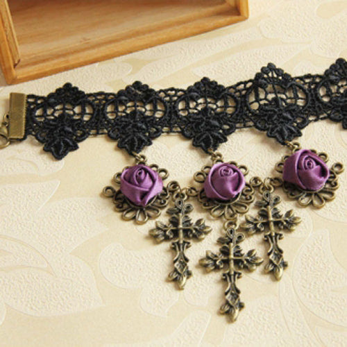 Black Lace Retro Wedding Cross Purple Rose Flower Female Gothic Lolita Armband Bracelet - Product - 4