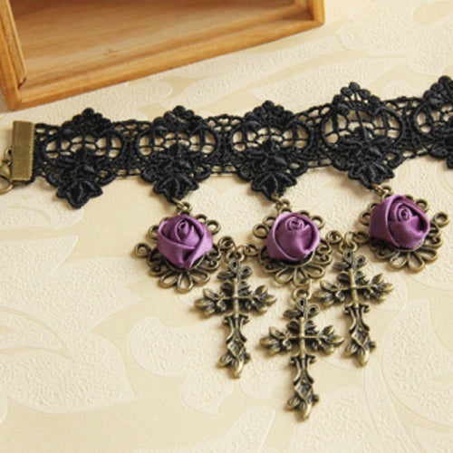 Black Lace Retro Wedding Cross Purple Rose Flower Female Gothic Lolita Armband Bracelet - Product - 4