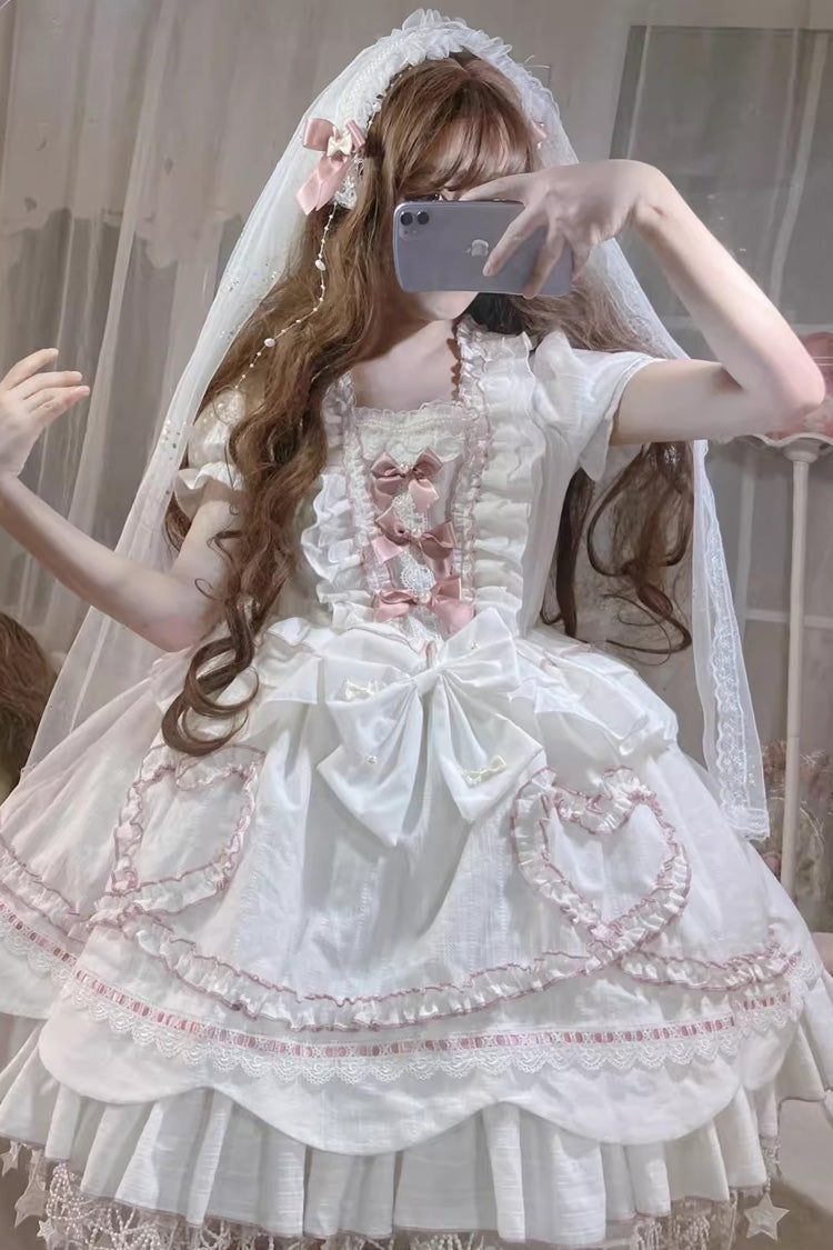White [Pure Love Story] Hanayome Bowknot Stitching Ji Sleeves Sweet Lolita Dress - Product - 2