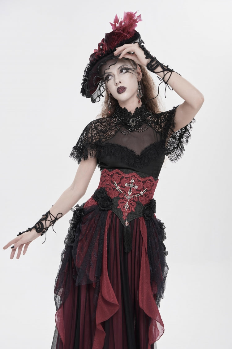 Black/Red Embroidered Lace Women's Gothic Underbust Corset Embroidered Rose Cross Underbust Corset - Product - 11