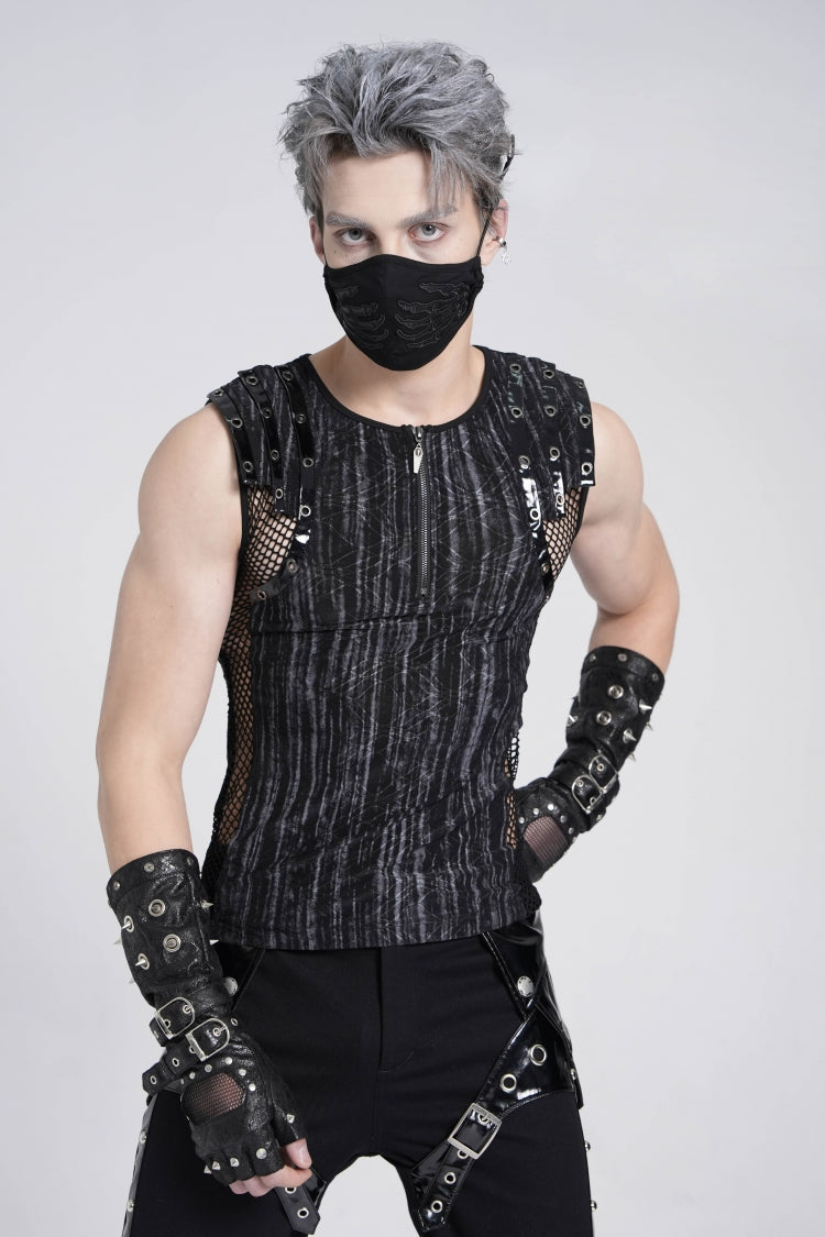 Black Sleeveless Ribbed Print Stitching Mesh Zipper Men's Gothic Vest - Product - 3