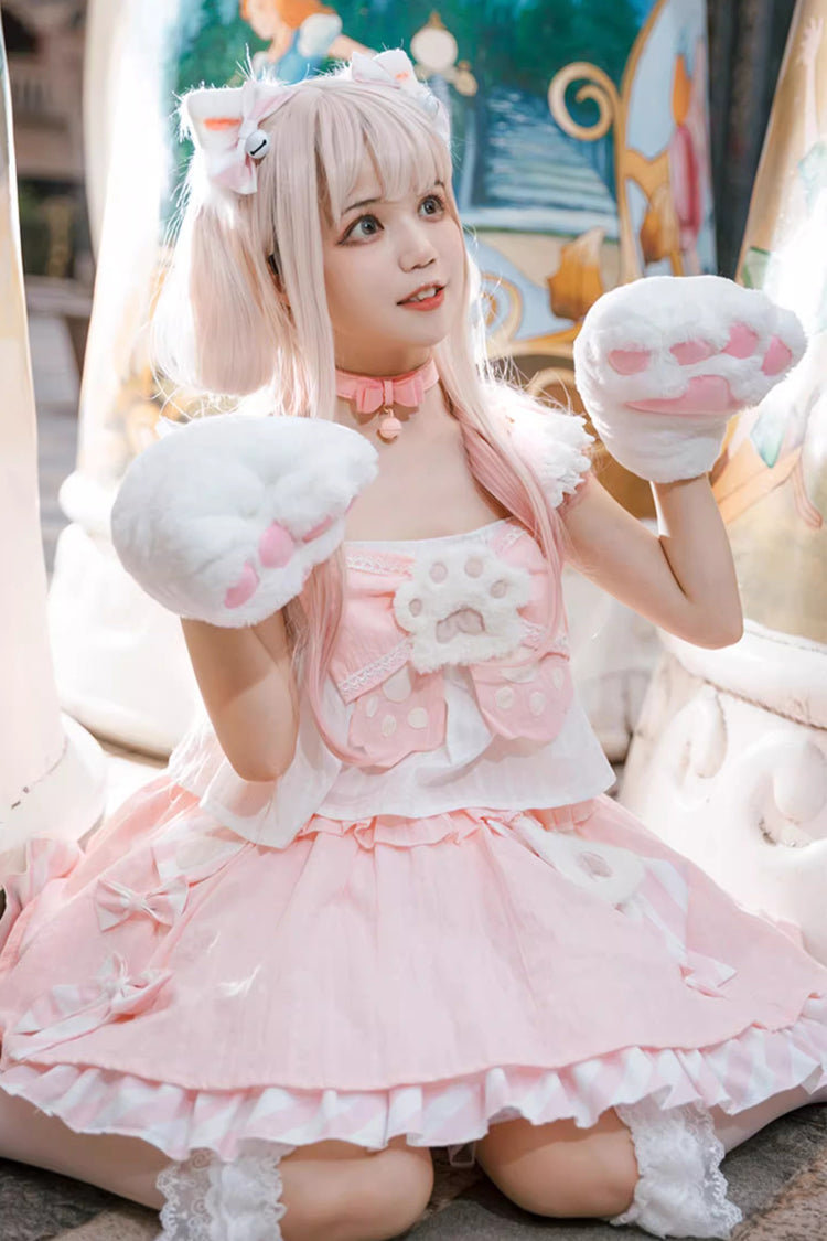 Pink [Miss Meow] Print Ruffle Bowknot Sweet Lolita Skirt Set - Product - 4