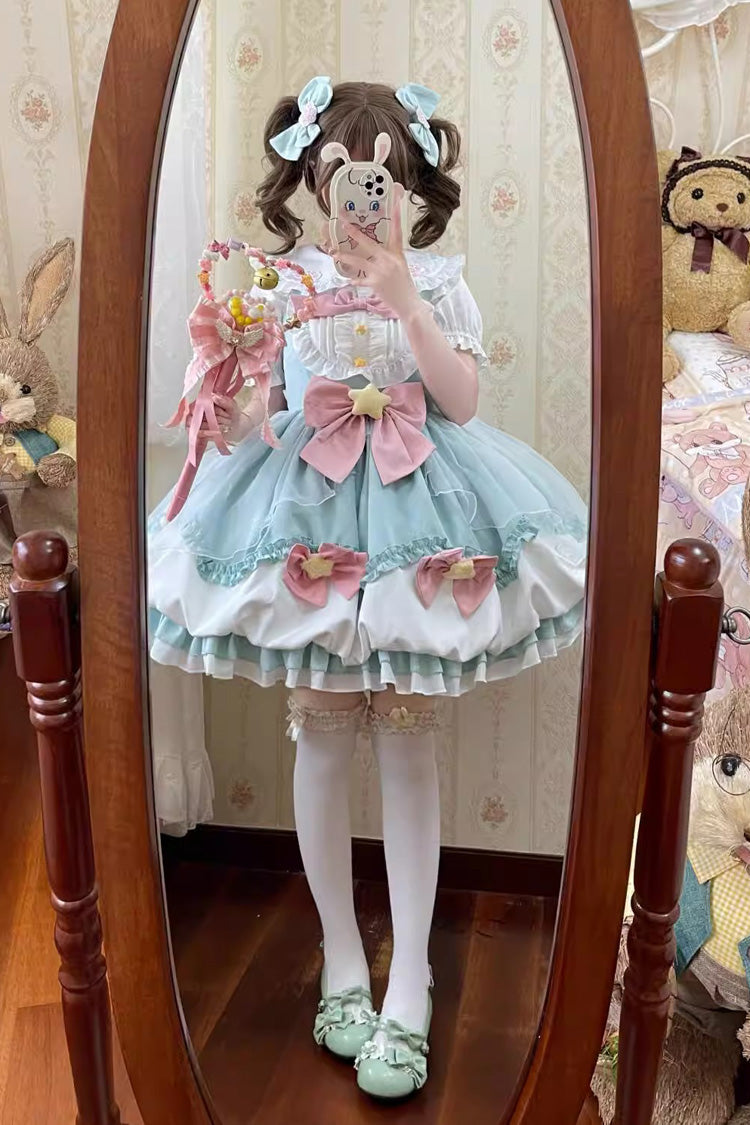 Little Wishing Star Ruffle Bowknot Bud Sweet Lolita Jsk Dress 5 Colors - Green - 5