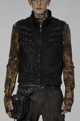 Black Punk Apocalyptic Stand Collar Twill Metal Skull Zip Men's Vest - Black - 1