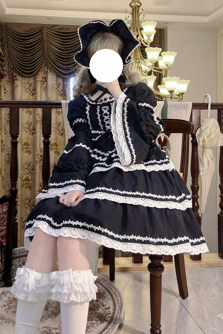 Black Triple-Layered Detachable Sleeves Bowknot Lace-Up Gothic Lolita Dress - Product - 6