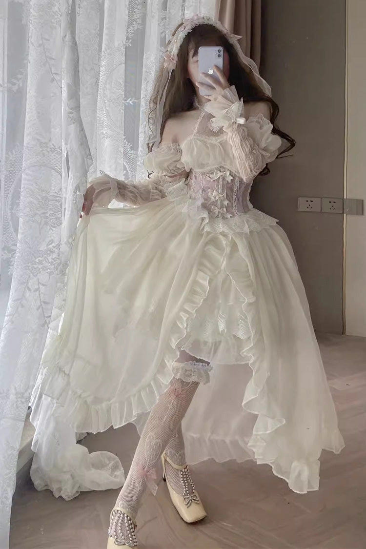 Ballet Twins Ruffle Bowknot Short Front Long Back Sweet Lolita Dress 2 Colors - Ivory/Pink - 1
