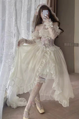 Ballet Twins Ruffle Bowknot Short Front Long Back Sweet Lolita Dress 2 Colors - Ivory/Pink - 1