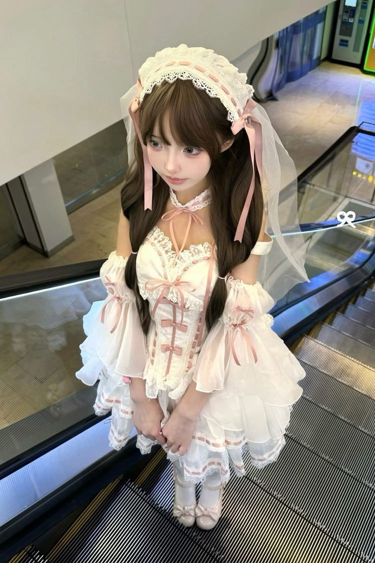 White [Little Love Song] Detachable Trumpet Sleeves Ruffle Bowknot Lace Sweet Lolita Top Skirt Set - Product - 4