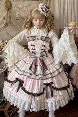 Pink [Shengqiao Tata] Sleeveless Print Ruffle Bowknot Lace-Up Sweet Elegant Lolita Jsk Dress - Product - 13