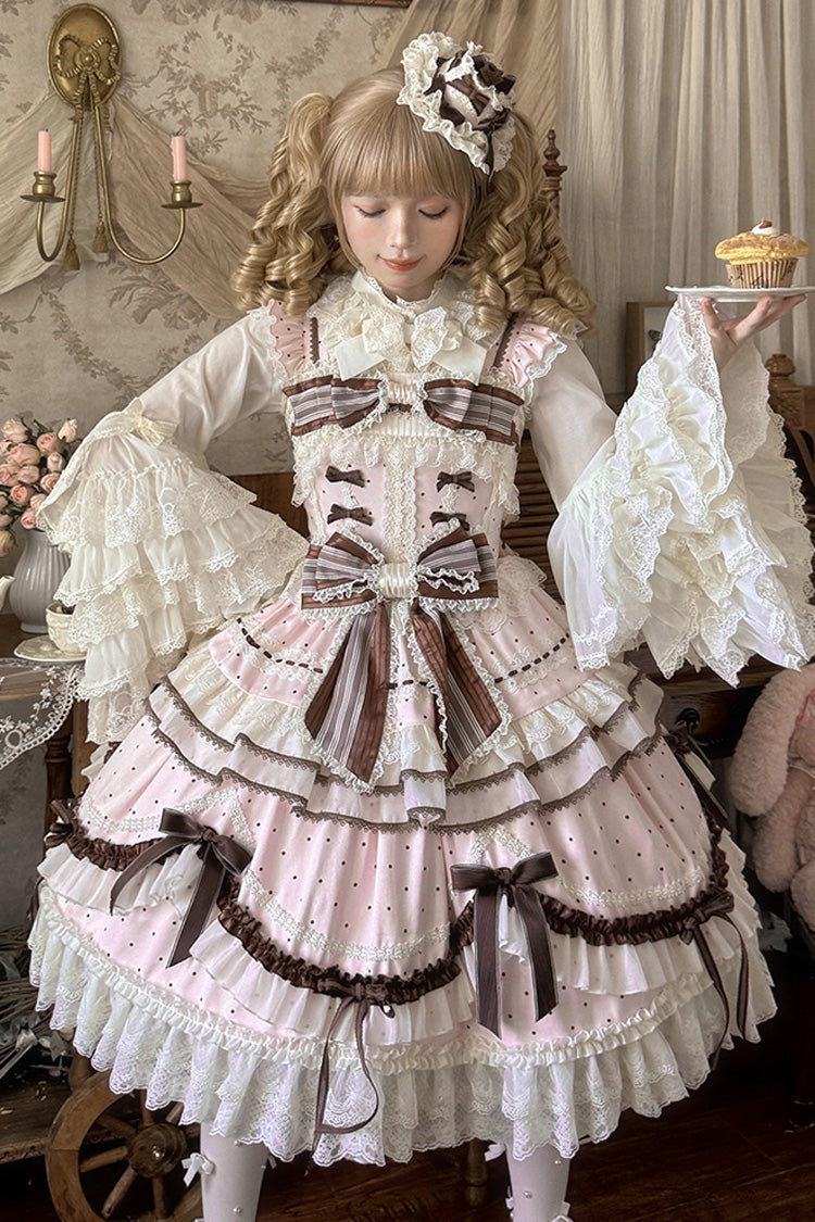 Pink [Shengqiao Tata] Sleeveless Print Ruffle Bowknot Lace-Up Sweet Elegant Lolita Jsk Dress - Product - 13