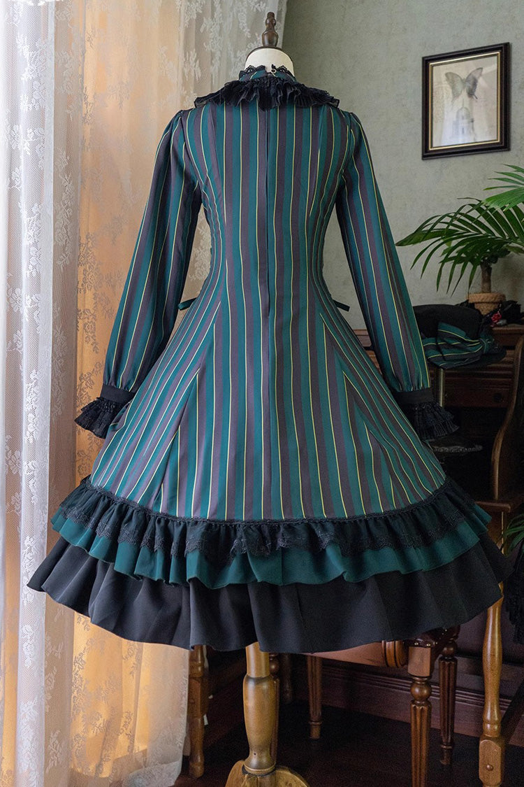 Point Manor Stand Collar Long Sleeves Multi-layer Striped Print Ruffle Gothic Lolita Dress 4 Colors - Product - 15
