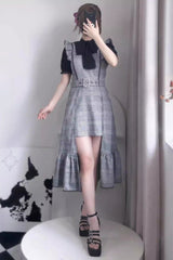 Grey Sleeveless Plaid Print Ruffle Slim Elegant Irregular Jirai Kei Dress - Grey - 1
