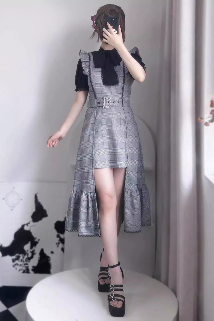 Grey Sleeveless Plaid Print Ruffle Slim Elegant Irregular Jirai Kei Dress - Grey - 1