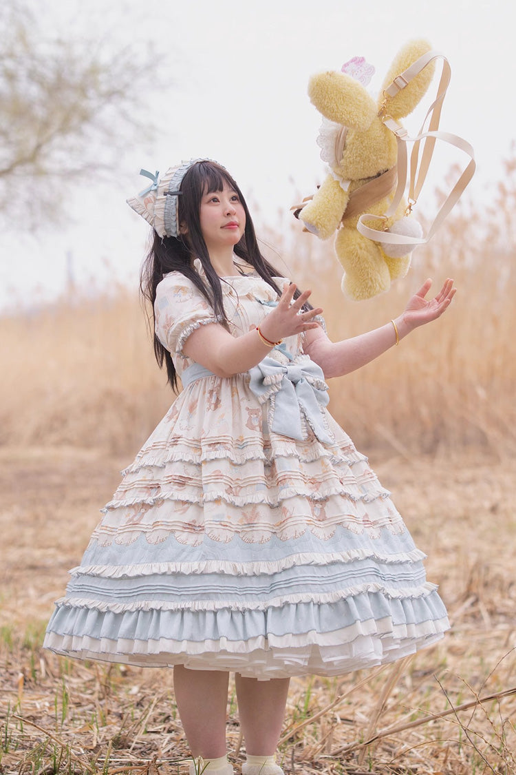 Blue/Apricot [Harvest Bear] Print Short Sleeves Multi-Layered Ruffle Bowknot Sweet Plus Size Lolita Dress 2 Versions - Product - 5