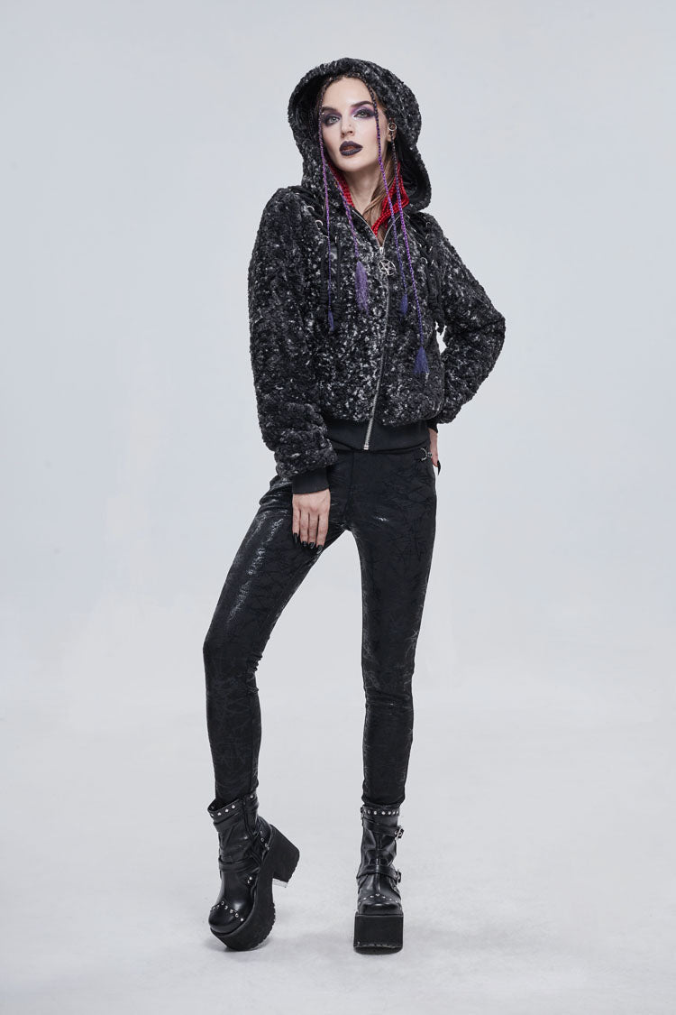 Black/White Two Tone Woolen Grain Fleece Metal Five Pointed Star Zipper Women's Punk Coat - Product - 4
